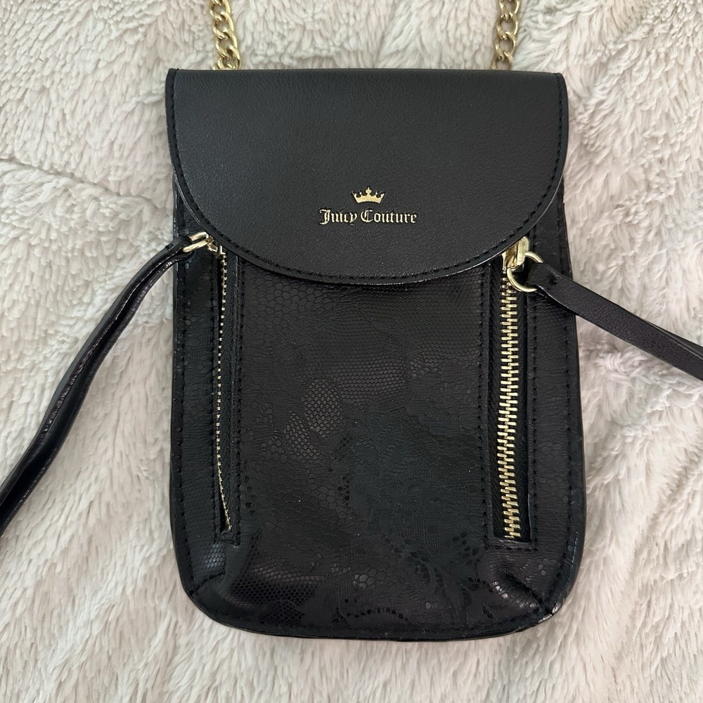 *JUICY COUTURE* Mini Crossbody Phone-Bag Gold Logo Faux Leather Y2K BLACK‎